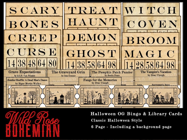 May include: Six vintage-style Halloween bingo cards with spooky themes like "Scary Bones" and "Witch Coven". Each card features a title, a list of numbers, and a small illustration. The cards are printed on a beige background with a distressed look.