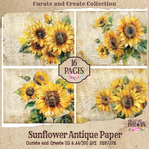 Sunflower Collaged Antique Junk Journal Paper | Junk Journal | Sunflower Journal Pages | Digital Paper Ephemera | Distressed Shabby Chic