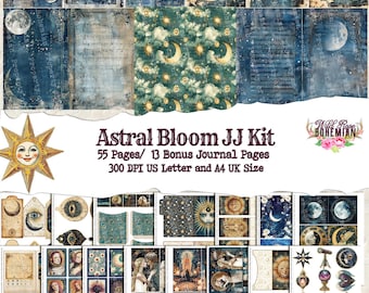 May include: A digital collage kit with 55 pages and 13 bonus journal pages. The kit features a celestial theme with stars, moons, and suns in shades of blue, gold, and white. The text "Astral Bloom JJ Kit" is displayed in a dark brown font.