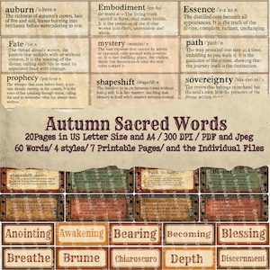 May include: A digital download featuring vintage-style cards with words like "Auburn," "Fate," and "Prophecy." The cards have a distressed look with brown and beige tones. The title "Autumn Sacred Words" is also displayed.