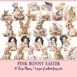 May include: A set of 30 digital clipart images featuring pink bunnies, chicks, and floral elements. The images are ideal for Easter crafts and projects.