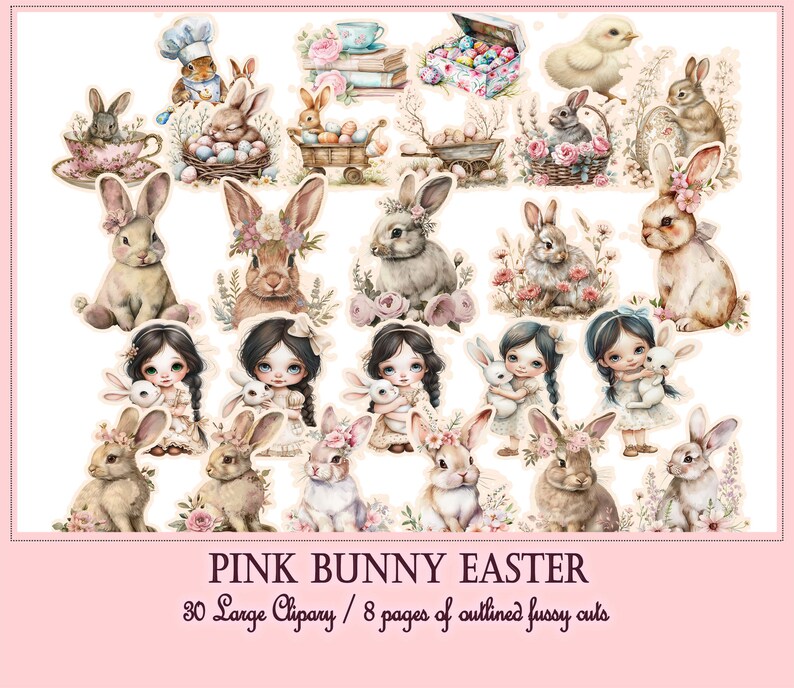 May include: A set of 30 digital clipart images featuring pink bunnies, chicks, and floral elements. The images are ideal for Easter crafts and projects.