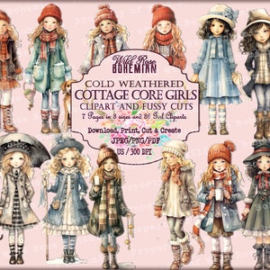 Winter Girl Clipart, Vintage Cottage Core Country Girls Clipart, Country Girl in Cold Weather Cuts, Christmas Country Girl Graphics,
