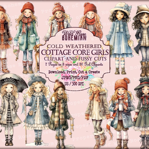 VIntage Cottage Core Country Girls Clipart, Country Girl in COld Weather Cuts, WInter Country Girl Graphics, Printable Digitals