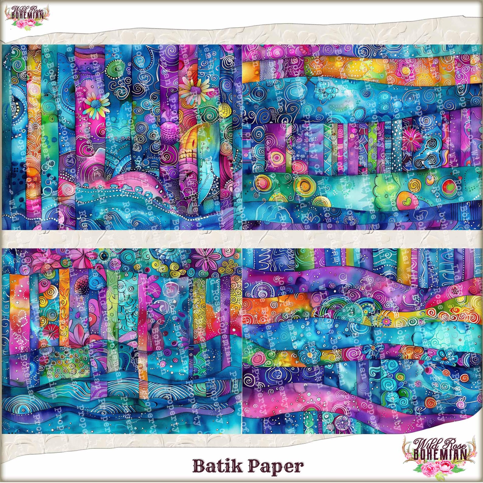 Mixed Media Collage Art, Batik Paper: Colorful Floral Designs for Art ...