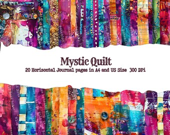 Puede incluir: Un collage digital de rayas verticales abstractas y coloridas con el texto "Mystic Quilt 20 páginas de diario horizontales en tamaño A4 y US 300 DPI" en el centro.