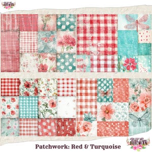 Pode incluir: Design de patchwork com quadrados vermelhos e turquesa com padr&otilde;es florais, xadrez, bolinhas e detalhes de lib&eacute;lula. O texto "Patchwork: Red & Turquoise" est&aacute; na parte inferior da imagem.