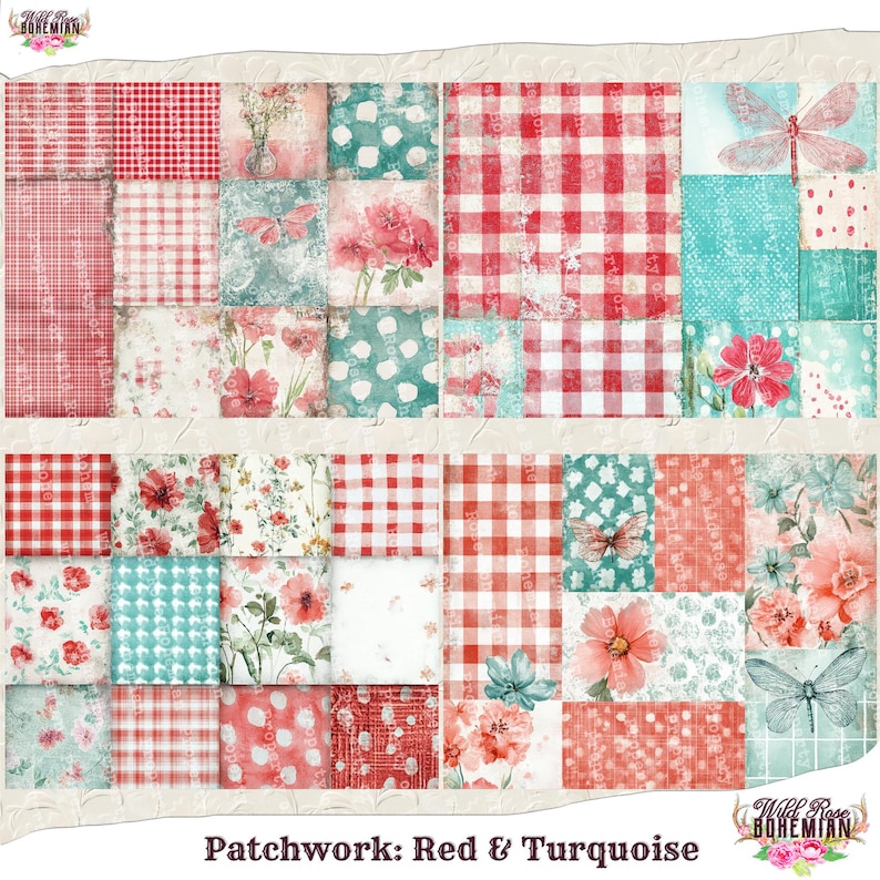 Pode incluir: Design de patchwork com quadrados vermelhos e turquesa com padr&otilde;es florais, xadrez, bolinhas e detalhes de lib&eacute;lula. O texto "Patchwork: Red & Turquoise" est&aacute; na parte inferior da imagem.