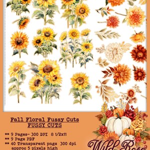 May include: A set of 40 digital fall floral fussy cuts, including sunflowers, dahlias, and roses. The images are high resolution and perfect for crafting projects.  Fall Floral Fussy Cuts.  Fussy Cuts. 9 Pages - 300 DPI 8 1/2x11. 9 Page PDF. 40 Transparent pngs 300 dpi approx 5 pixels high. Match Easily with other Vintage Fall Listings. Wild Rose Bohemian.