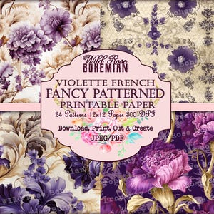 French Patterned Vintage Paper Purple Seamless 12x12 Paper, purple floral damask pattern paper, rococo patterns, baroque pattern scrapbook image 7