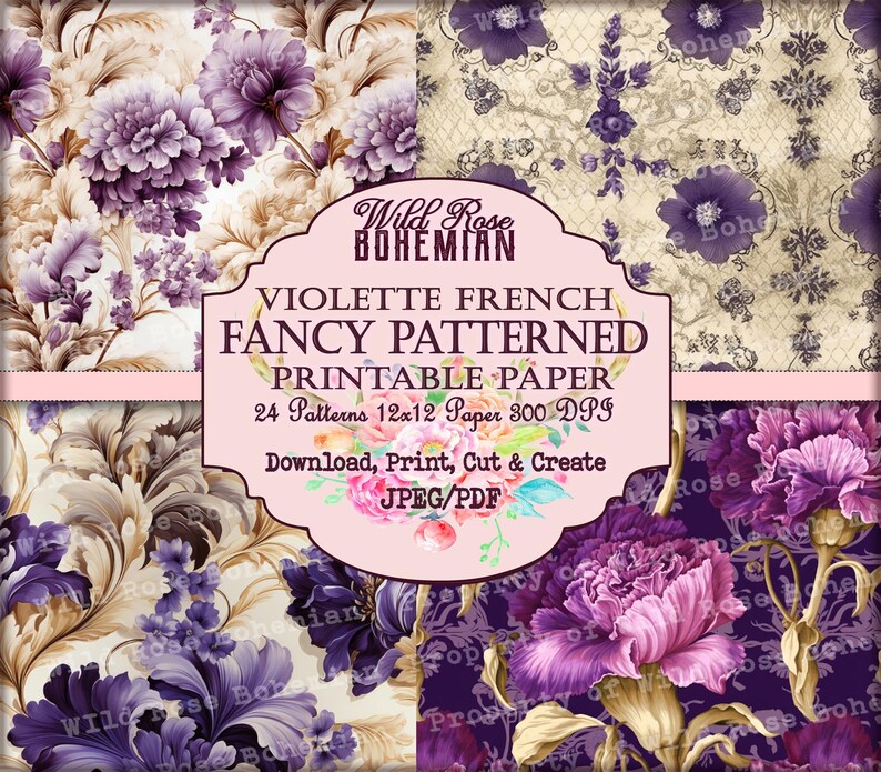 French Patterned Vintage Paper Purple Seamless 12x12 Paper, purple floral damask pattern paper, rococo patterns, baroque pattern scrapbook image 7