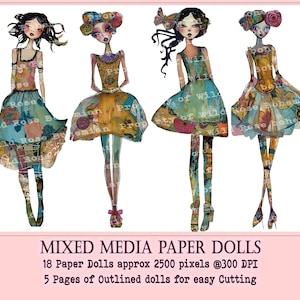 Collaged Art Paper Dolls, Mixed Media Girls Printable, Printable Sublimation Mixed Media, Printable Digital Doll Transparent PNGS image 4