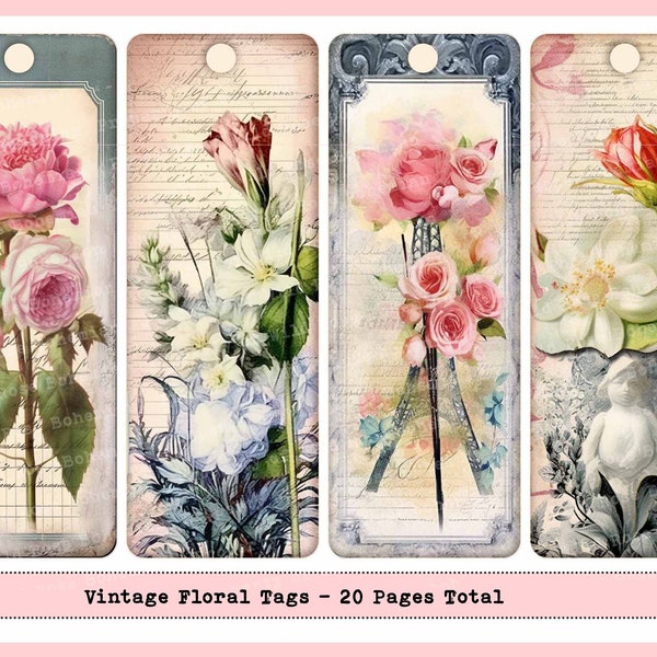 Vintage Floral Tags Junk Journal Ephemera Kit, Vintage Floral Tags, Large Floral Tag Kit, Floral Tag Bundle, Vintage FLoral Tags Printable