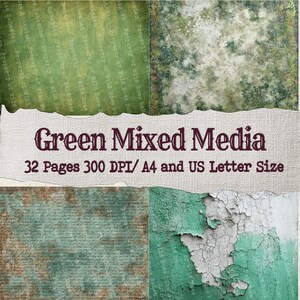 May include: A collage of green mixed media textures. The image includes four sections with varying shades of green, brown, and white. Text on a torn fabric banner reads "Green Mixed Media" and details about the product.