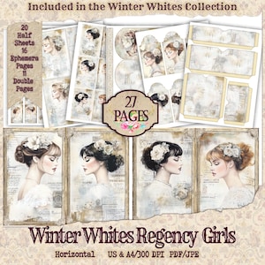 Regency Winter Women Collage Papers – White Christmas Elegant,Victorian-Inspired Digital Designs for junk Journals, Scrapbooking and crafts