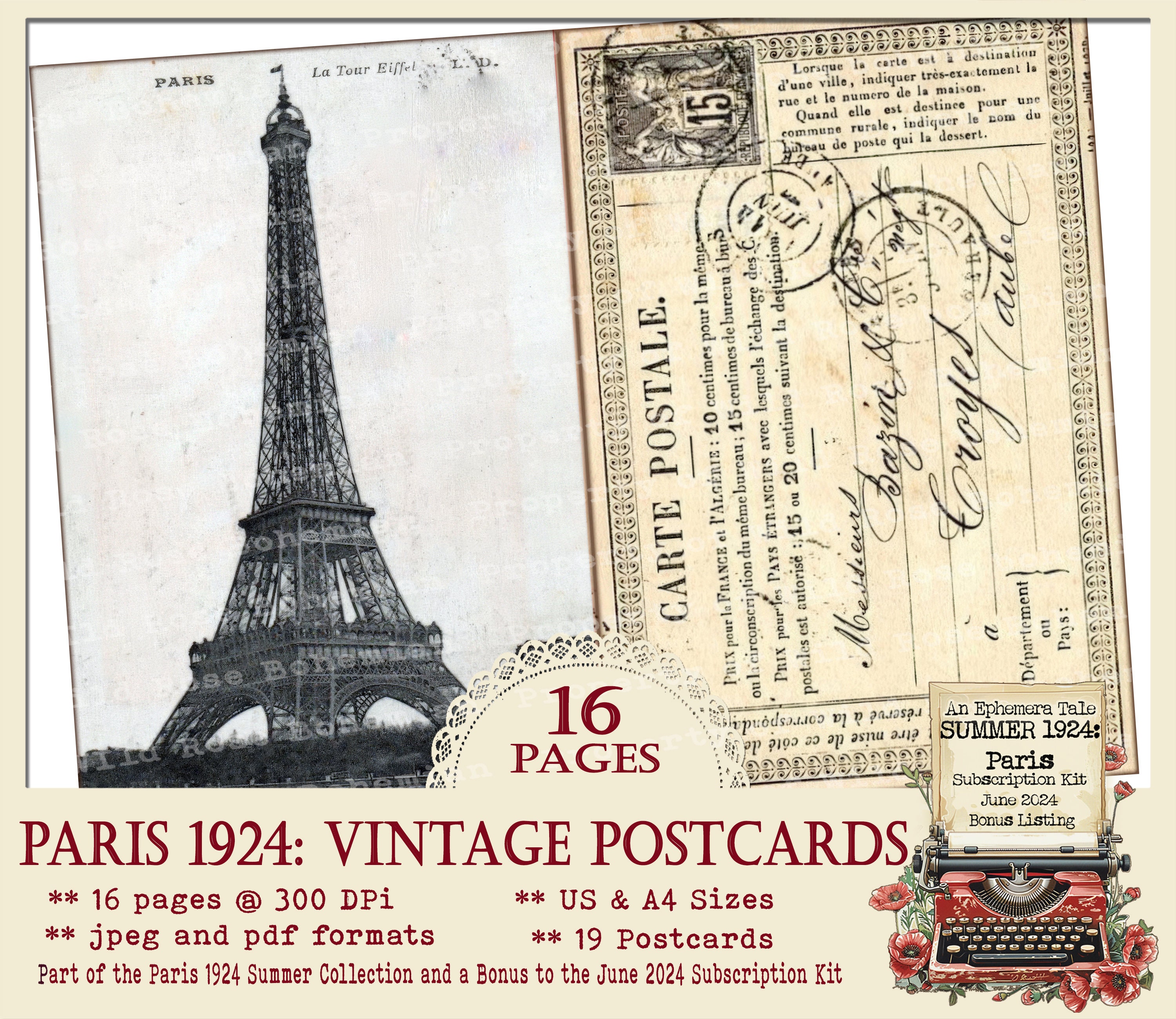 Vintage Postcards Paris, Printable Ephemera, Printable French