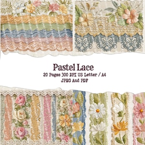 Pastel Lace Journal Pages, Watercolor Summer Lace Paper, Lace Mixed Media | Cottage Core Digital Paper Printable | Vintage Paper