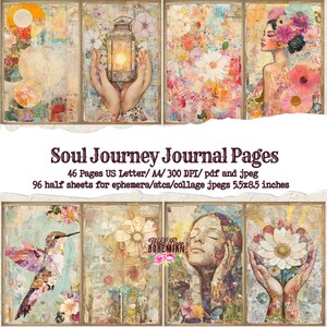 May include: A collage of eight journal pages with a vintage aesthetic. The pages feature watercolor illustrations of flowers, a hummingbird, and a woman. Text reads "Soul Journey Journal Pages".