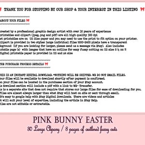May include: Pink bunny Easter digital clipart set with 30 large images and 8 pages of outlined fussy cuts. This instant download includes printable images in US and A4 sizes.