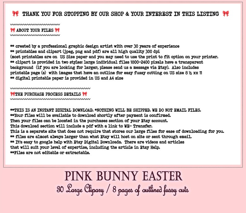 May include: Pink bunny Easter digital clipart set with 30 large images and 8 pages of outlined fussy cuts. This instant download includes printable images in US and A4 sizes.