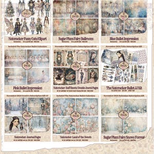May include: A collection of digital papers and craft supplies featuring a Nutcracker theme. The papers include images of ballerinas, nutcrackers, sugar plum fairies, and winter scenes. The collection includes 25, 28, 20, 45, 18, and 16 pages of digital paper.