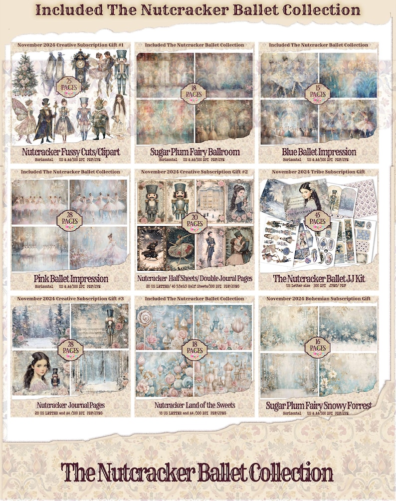 May include: A collection of digital papers and craft supplies featuring a Nutcracker theme. The papers include images of ballerinas, nutcrackers, sugar plum fairies, and winter scenes. The collection includes 25, 28, 20, 45, 18, and 16 pages of digital paper.