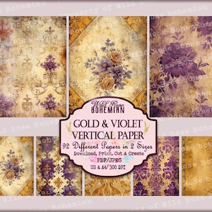 May include: A digital paper pack with 92 different designs in two sizes. The papers feature a vintage aesthetic with gold and purple floral patterns. The text "Wild Rose Bohemian" and "Gold & Violet Vertical Paper" is included in the design.