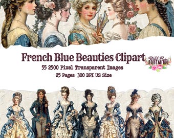 Victorian Beauties Clipart: Rococo Women, French Blue (PNG), regency stickers, antique printable clipart women, vintage french png