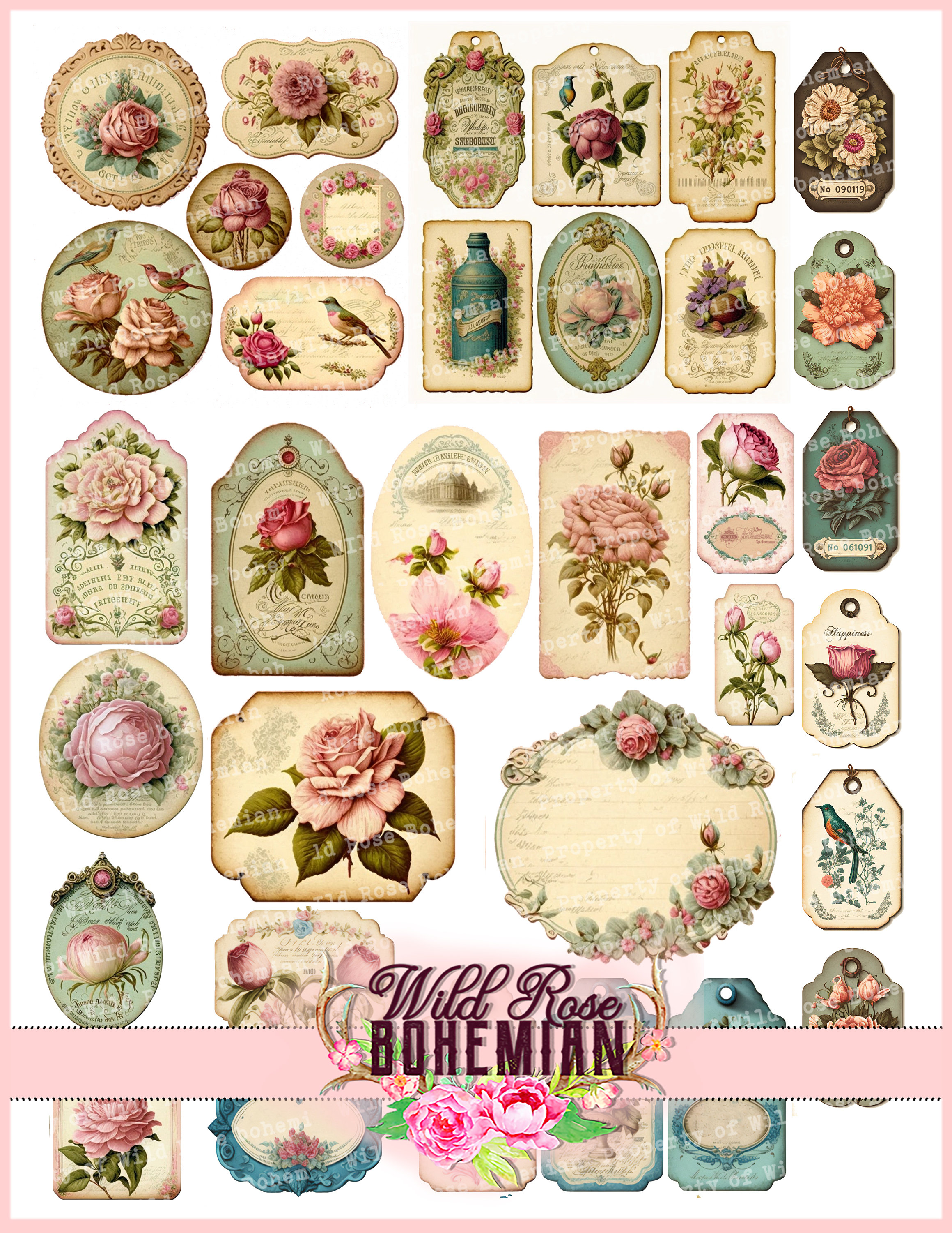 Junk Journal Ephemera Kit Vintage Roses, Printable Shabby Chic Roses ...