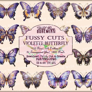 Butterfly Clipart, Ornate Transparent Butterfly PNGS, Vintage Violet and Gold Butterfly Fussy Cuts, Kiss Cuts, JUnk JOurnal Graphics