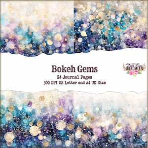 May include: A digital paper pack with 24 pages featuring a bokeh effect with blue, purple, and gold colors. The text "Bokeh Gems" is in the center of the image. The text "24 Journal Pages" is below the title. The text "300 DPI US Letter and A4 UK Size" is below the page count. The text "Wild Rose Bohemian" is in the upper right corner of the image.