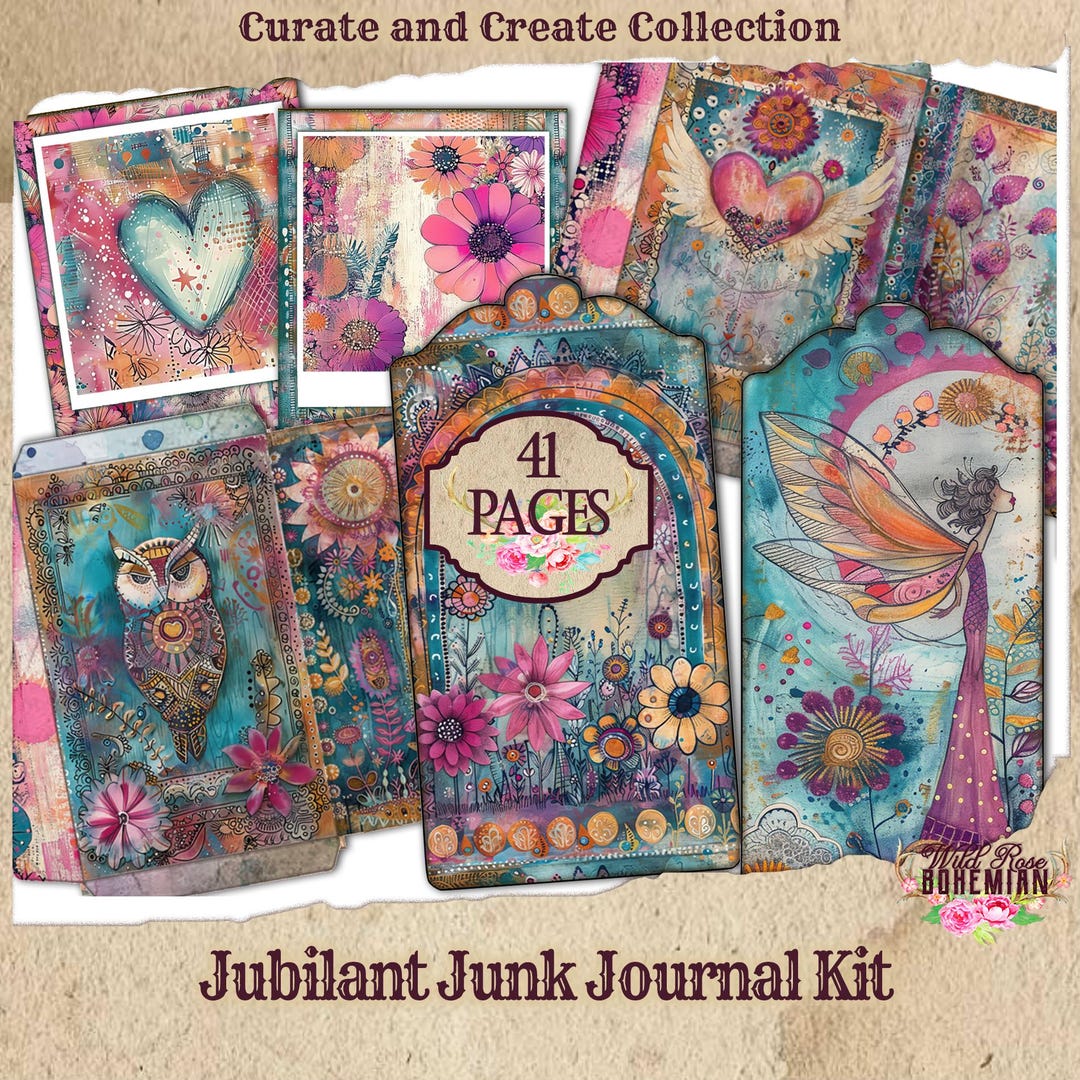 Boho Rainbow Junk Journal Kit, 40 Pages Joy Whimsical Mixed Media