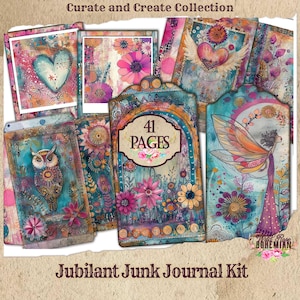 Boho Rainbow Junk Journal Kit, 40 Pages joy Whimsical Mixed Media Collage Ephemera, Art Journal Scrapbooking, Printable Digitals