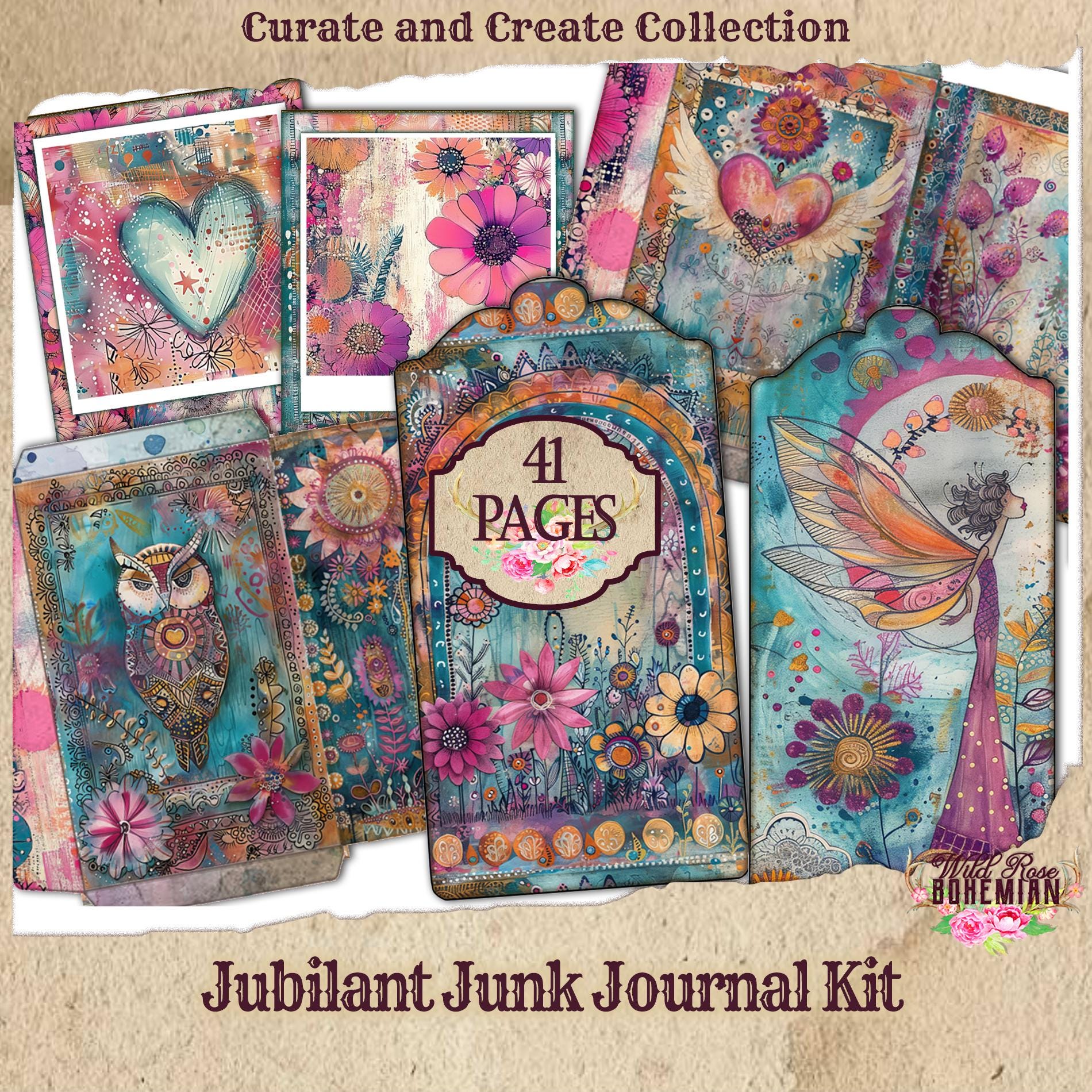 Whimsical Rainbow Junk Journal Kit: Collage Art Ephemera (digital