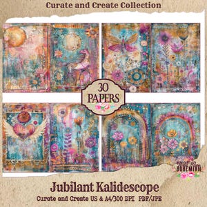 Jubilant Kaleidoscope Junk Journal Paper | Art Journal | Rainbow Mixed Media Journal Pages | Digital Ephemera | Distressed Collage Whimsy