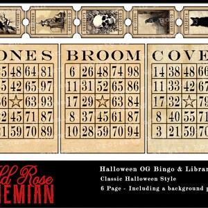 May include: Six Halloween themed bingo cards with a vintage aesthetic. Each card has a different theme: Bones, Broom, Coven, Skull, Cat, and Witch. The cards are printed on a beige background with black text and numbers.