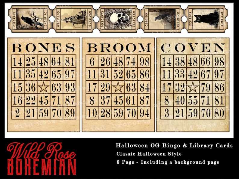 May include: Six Halloween themed bingo cards with a vintage aesthetic. Each card has a different theme: Bones, Broom, Coven, Skull, Cat, and Witch. The cards are printed on a beige background with black text and numbers.