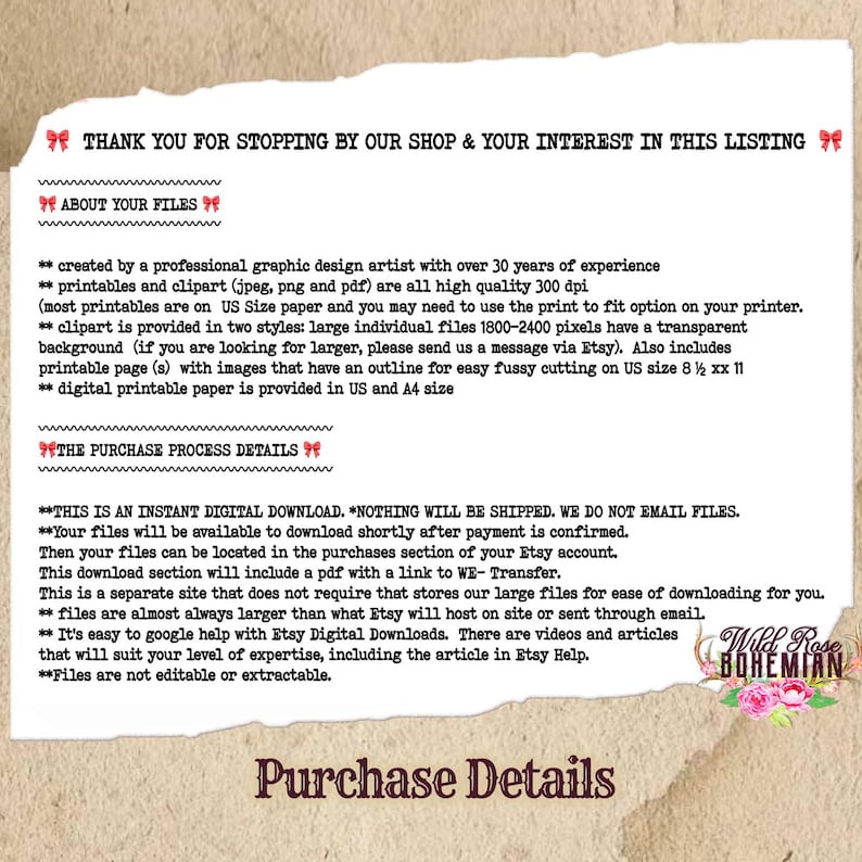 Pode incluir: Uma p&aacute;gina de informa&ccedil;&otilde;es de download digital com fundo branco e texto preto. O texto inclui informa&ccedil;&otilde;es sobre os arquivos, o processo de compra e o download digital. O texto tamb&eacute;m inclui a frase "Wild Rose Bohemian".