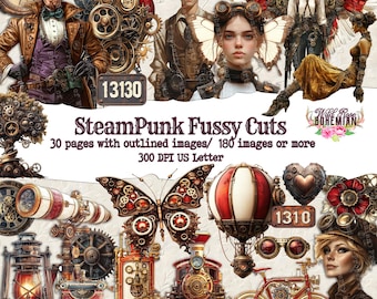 Steampunk Fussy Cuts: 180+ Printable Collage Graphics (Digital Download), steampunk victorian clipart, antique steampunk scrapbooking png