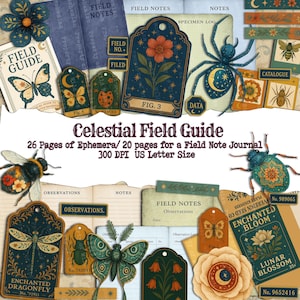 Celestial Field Guide Journal, Magic Kit, Specimen Cards, Nature Journal, Etemology, JOurnal Pages, Field Notes, Field Sketches, Journal