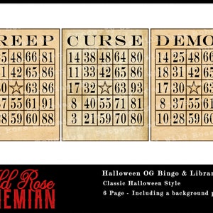 May include: Three vintage-style bingo cards with a Halloween theme. The cards are labeled "Creep", "Curse", and "Demon" and feature numbers in a 5x5 grid. Each card has a star in the center square.