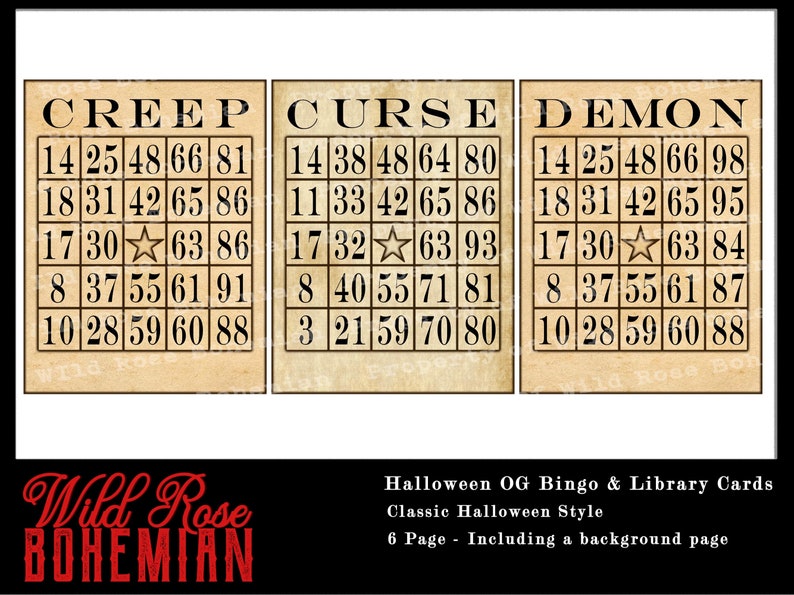 May include: Three vintage-style bingo cards with a Halloween theme. The cards are labeled "Creep", "Curse", and "Demon" and feature numbers in a 5x5 grid. Each card has a star in the center square.