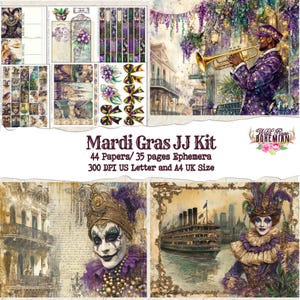 Könnte beinhalten: Digitales Papier- und Ephemera-Paket Mardi Gras JJ mit 44 Papieren und 35 Seiten Ephemera. Das Kit enthält Bilder einer maskierten Figur, einer Straßenszene und eines Dampfschiffs. Der Text "Mardi Gras JJ Kit" befindet sich in der Mitte des Bildes. Der Text "44 Papers/35 pages Ephemera" befindet sich unter dem Titel. Der Text "300 DPI US Letter and A4 UK Size" befindet sich unter der Ephemera-Anzahl. Der Text "Wild Rose Bohemian" befindet sich in der oberen rechten Ecke des Bildes.