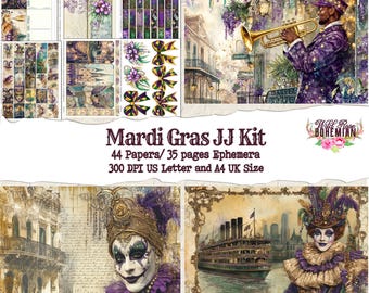 May include: Mardi Gras JJ Kit digital paper and ephemera pack with 44 papers and 35 pages of ephemera. The kit features images of a masked figure, a street scene, and a steamboat. The text "Mardi Gras JJ Kit" is in the center of the image. The text "44 Papers/35 pages Ephemera" is below the title. The text "300 DPI US Letter and A4 UK Size" is below the ephemera count. The text "Wild Rose Bohemian" is in the upper right corner of the image.