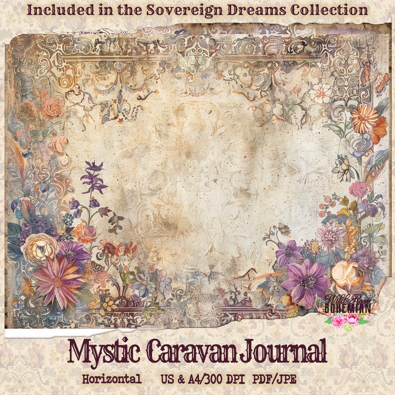 May include: A digital paper background with a vintage floral design in shades of purple, pink, and yellow. The background is a light beige with a distressed texture. The text "Mystic Caravan Journal" is at the bottom of the image. The text "Horizontal US & A4/300 DPI PDF/JPE" is below the title.