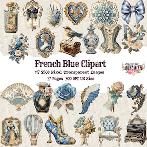 May include: A collection of 117 digital clipart images in blue and white featuring a variety of designs, including flowers, birds, wings, a heart, a corset, a key, a bottle, a shoe, a fan, a hot air balloon, a typewriter, a chair, and a bouquet of flowers. The images are 2500 pixels and 300 DPI.