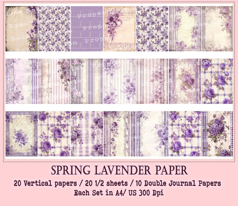 Purple Spring Printable Paper, Shabby Chic Lavender Rose, Lilac ...