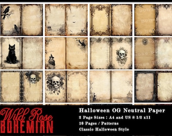May include: A set of 16 printable digital papers in a Halloween theme. The papers feature a variety of vintage-inspired designs, including skulls, cats, ravens, and witches. The papers are in a neutral color palette and are perfect for scrapbooking, card making, and other crafting projects.