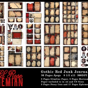 May include: A digital scrapbooking kit with 36 pages of gothic red junk journal designs. The kit includes 8 pages of slimline paper, 8 pages of horizontal paper, 3 pages of fussy cuts, and 17 pages of ephemera. The paper is available in A4 and US sizes. The images are 8.5 inches by 11 inches and 300 DPI.