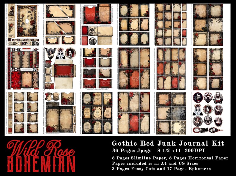 May include: A digital scrapbooking kit with 36 pages of gothic red junk journal designs. The kit includes 8 pages of slimline paper, 8 pages of horizontal paper, 3 pages of fussy cuts, and 17 pages of ephemera. The paper is available in A4 and US sizes. The images are 8.5 inches by 11 inches and 300 DPI.